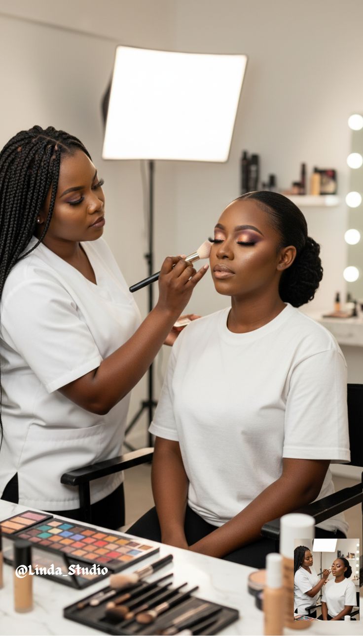 Makeup artist applying makeup to a client