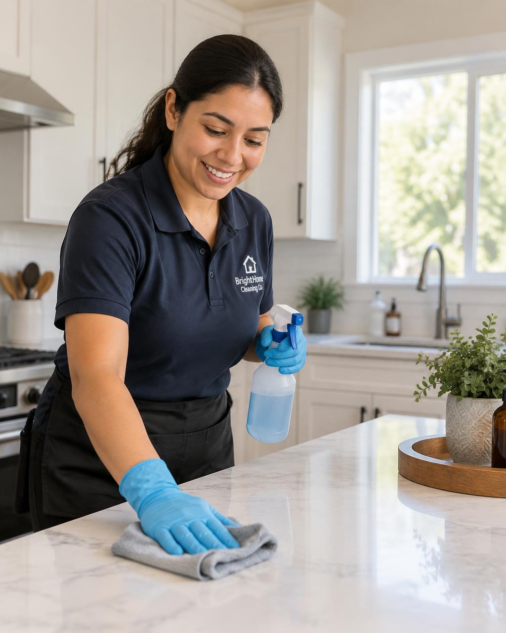 Cleaner wiping a kitchen counter in a bright home
