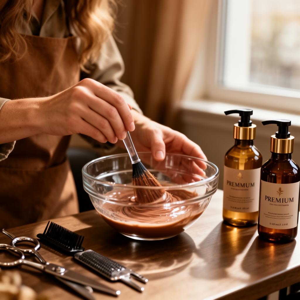 Hands preparing a treatment mixture in a working beauty studio